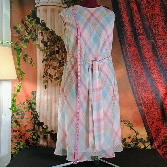 NWT: Lauren Ralph Lauren Sz 18W Blue & Pink Plaid Belted Georgette Dress - Picture 5 of 6